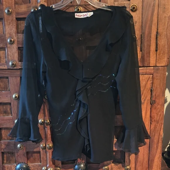 Black Ruffled Sequin-Detail Women's Top - Picture 1 of 7